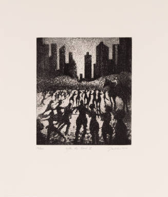 Fuzzy rendering of a crowd of shadowy silhouettes rushing towards a tall skyline against a gray sky