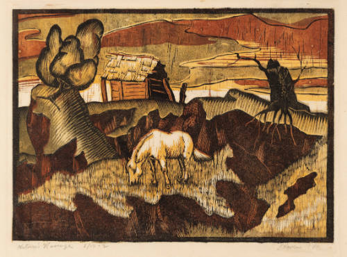 Warm-toned print with a horse in foreground of craggy landscape with a building in background