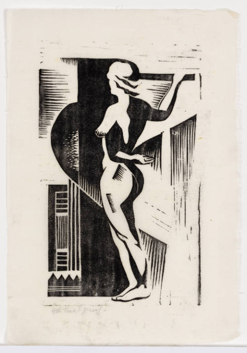 Stylized nude female figure seen from back against a geometric cityscape