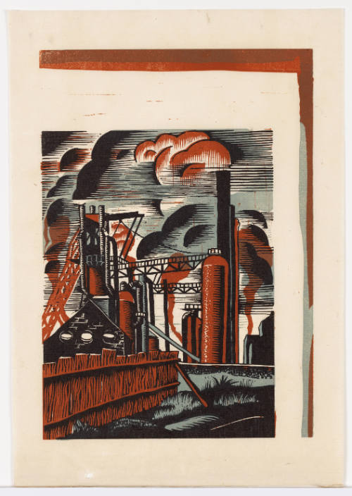 A black, orange, and gray colored print of an isolated and ominous smokey industrial scene