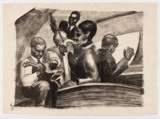 Men with dark skin playing a saxaphone, guitars, and piano with background composed of brush strokes