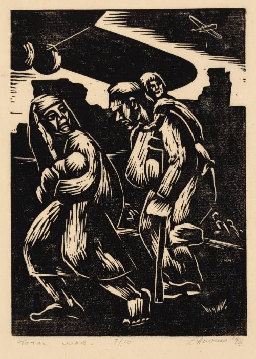 Black-and-white woodcut of two adults walking, one carrying a baby and one with a child on his back