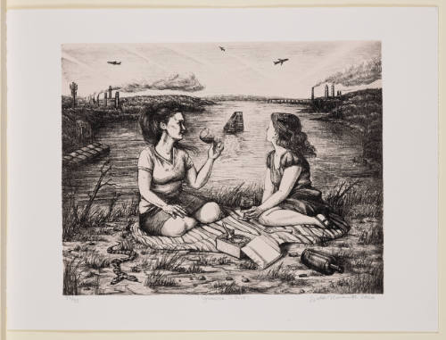 Two women on a picnic holding wine glasses in foreground, industrial scene with planes in background