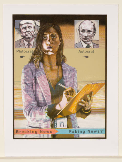 Presswoman with clipboard flanked by Trump & Putin portraits, below ‘Breaking News Faking News?’