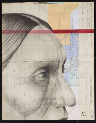 Profile portrait of man with dark hair drawn over collaged map and ledger paper