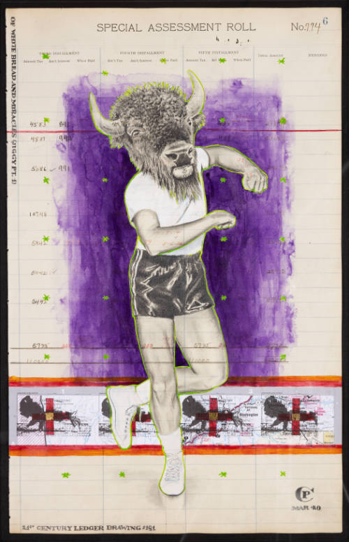 Pencil drawing of a dancing male-presenting person with head of buffalo on gridded ledger paper