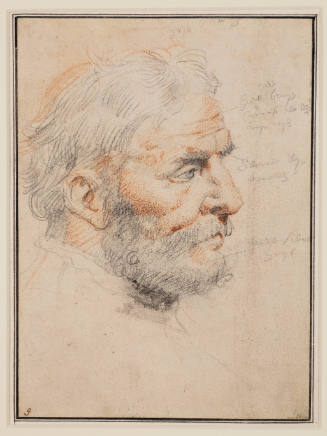 Drawn portrait of bearded, older, light-skinned man in profile with handwritten notes