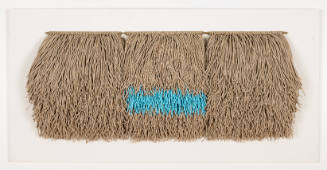 3 sections of layered tan hemp cords slip knotted onto dowel with central section colored sky blue