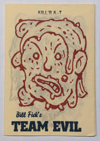 Red line illustration of a head with grimacing expression; the artist’s name and title appear below 