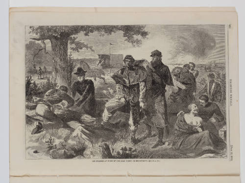 Battlefield scene foregrounding military surgeons treating wounded soldiers beneath a large tree