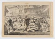 19th century ball scene of couples in formalwear & uniforms dancing in the hall of an ornate theater