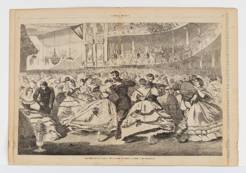 19th century ball scene of couples in formalwear & uniforms dancing in the hall of an ornate theater