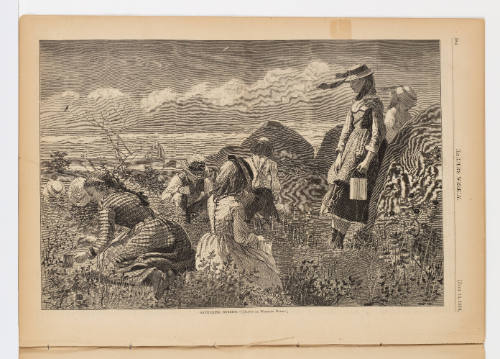 Women & boys harvesting berries in a windy meadow with a sailing ship in background