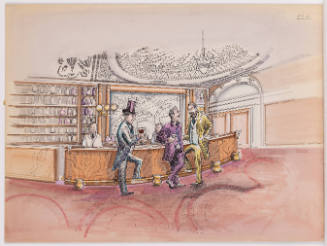 Man in top hat with wine faces 2 men chatting together in bright suits at an ornate wooden bar