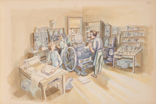 Illustration of two men & a boy in aprons working in a cluttered manual printing press