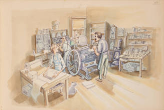 Illustration of two men & a boy in aprons working in a cluttered manual printing press