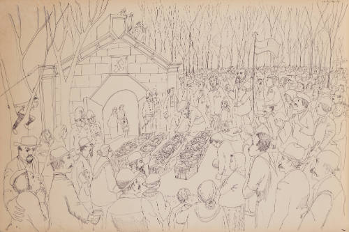 Line drawing of 4 wreathed caskets outside small building surrounded by massive crowd & bare trees