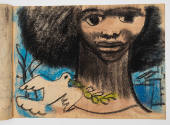 Against blue, bust of a dark-skinned person with natural hair next to white dove with laurel