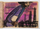 In purple, a dark-skinned person with natural hair holding a document walks past industrial skyline