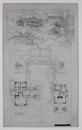 Intricate line drawing of two houses from different perspectives: a floorplan and exterior views