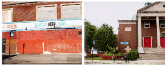 Two photographs: left, boarded-up storefronts; right, a person on a bench in front of a church