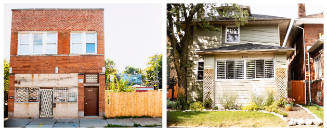 Two photographs: on left, building with security grates; on right, single family house with a garden