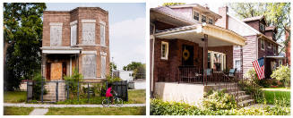 Two photographs: on left, a boarded up 2-flat; on right, a single family house with a front yard