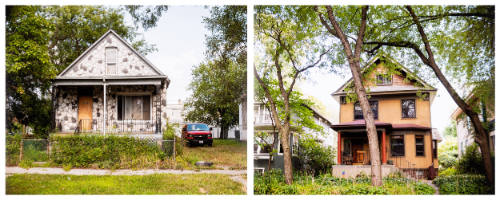 Two photographs: on left, home with porch and rock façade; on right, three-story single family home