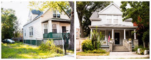 Two photographs: on left, two-story white clapboard home; on right, two-story gray clapboard home