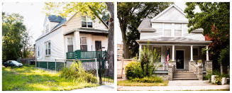 Two photographs: on left, two-story white clapboard home; on right, two-story gray clapboard home