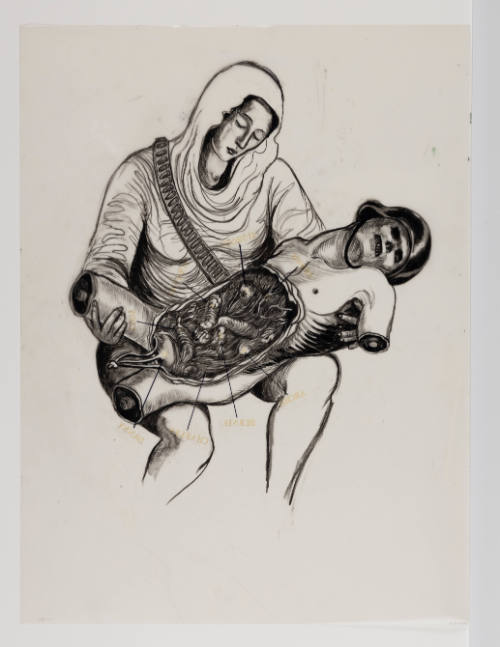 In black, hooded woman with bandolier looks down at man's torso in her arms, his organs exposed