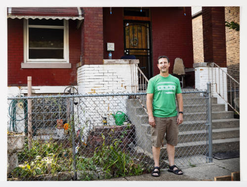 Wade in front of Nanette's home from the series Map Twins, Folded Map™ Project