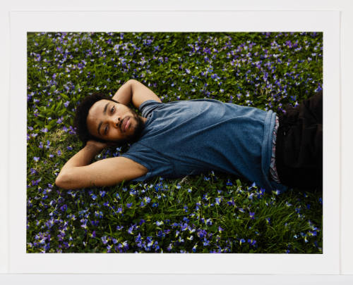 Black man in blue tshirt lays on grass with arms behind head, purple flowers cover ground