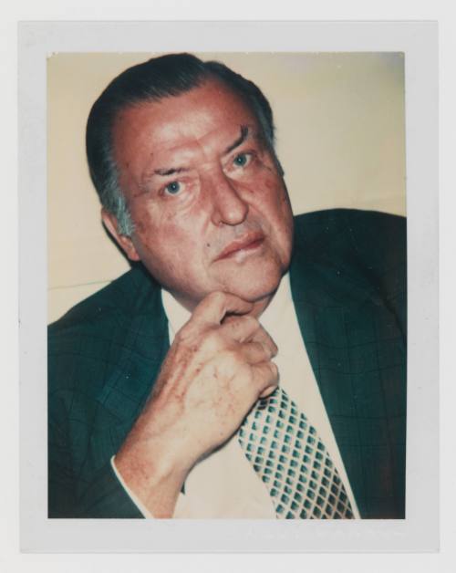 Polaroid portrait of man with graying hair and medium-light skin tone wearing a suit and tie