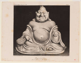 Representation of seated Buddha in a robe with the head as a caricature of someone else’s face