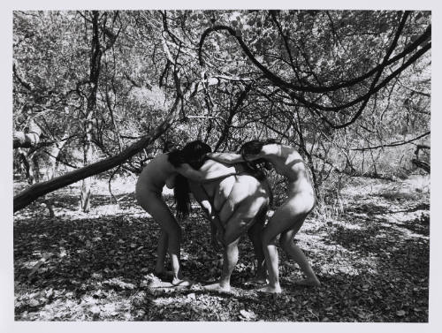 Three nude female-presenting people huddle together beneath a dense tree cover.