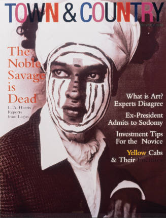 B&W photo of Black man in geometric white face paint posed for a fake Town & Country magazine cover