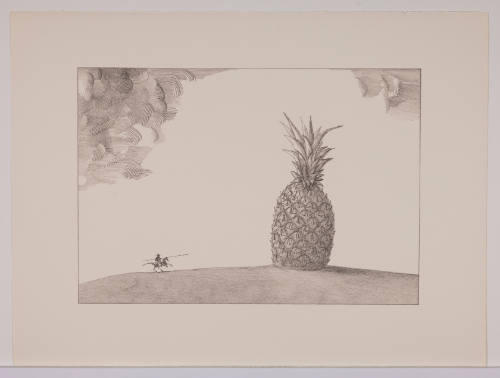 A small knight on horseback and holding a lance attacks a large pineapple.