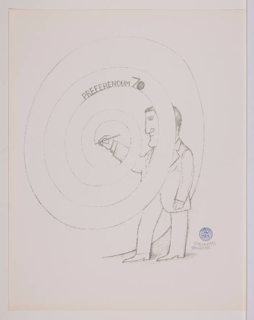 Line drawing of man in a suit drawing a large spiral with the words Preferendum 70 along its curve.