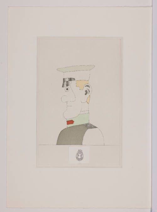 Cubist-style drawing of an official in profile wearing a military-style uniform cap and jacket.