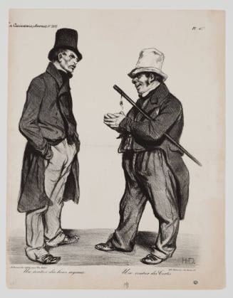 Two standing men in conversation, one taller and thinner than the other, in tophats and long coats