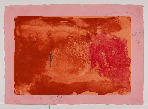 Abstract red horizontal rectangle with wide pink border & 2 graphite arrows with notes