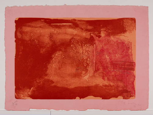 Abstract red horizontal rectangle with wide pink border & graphite markings in bottom corners.