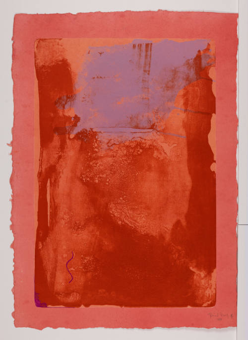 Large abstract vertical red rectangle with lighter red border & pale purple swatch across top third.