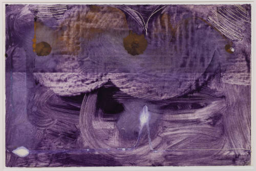 Wide abstract purple brushstrokes with incised zigzags & circular brown shapes at top.