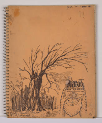 Spiral notebook cover with sketch of tree in forest & owner's contact information.