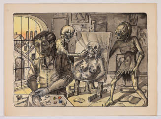 Figure in apron faces viewer while two skeletons depict a third skeleton on a canvas between them.