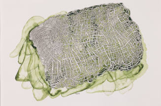 Abstract rectangular drawing of tangled outlined white lines on diffused green abstract swath