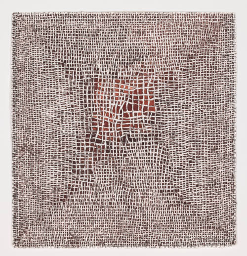 Drawing of brown & white square woven pattern frayed in center with red hue visible behind