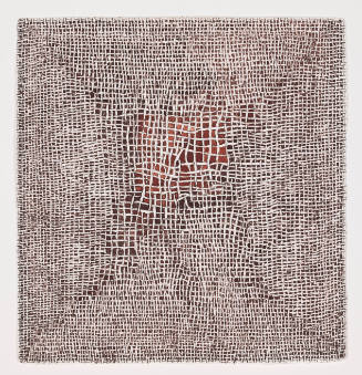 Drawing of brown & white square woven pattern frayed in center with red hue visible behind